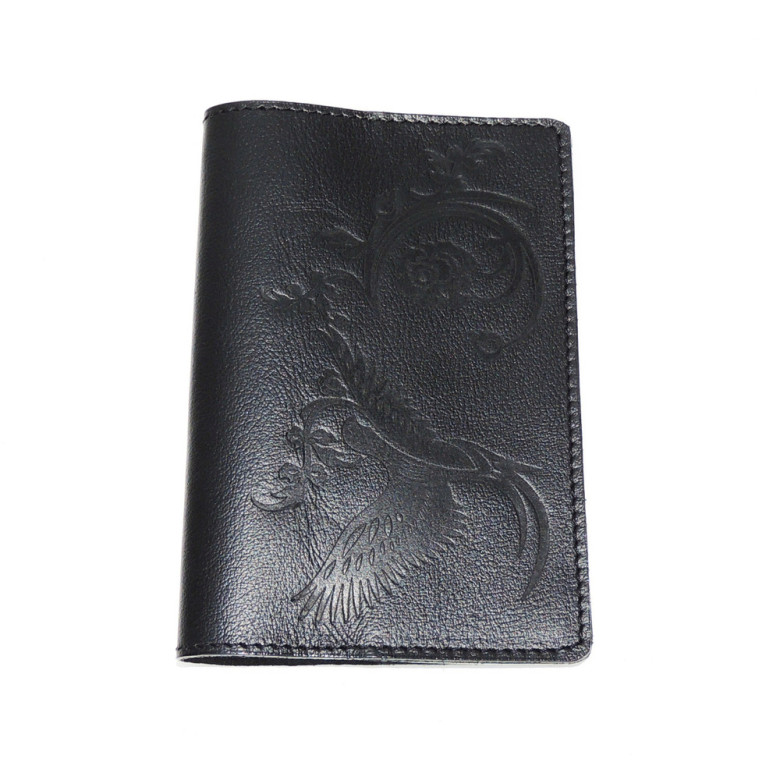Обложка для паспорта черная кожаная ОП-71 Птица