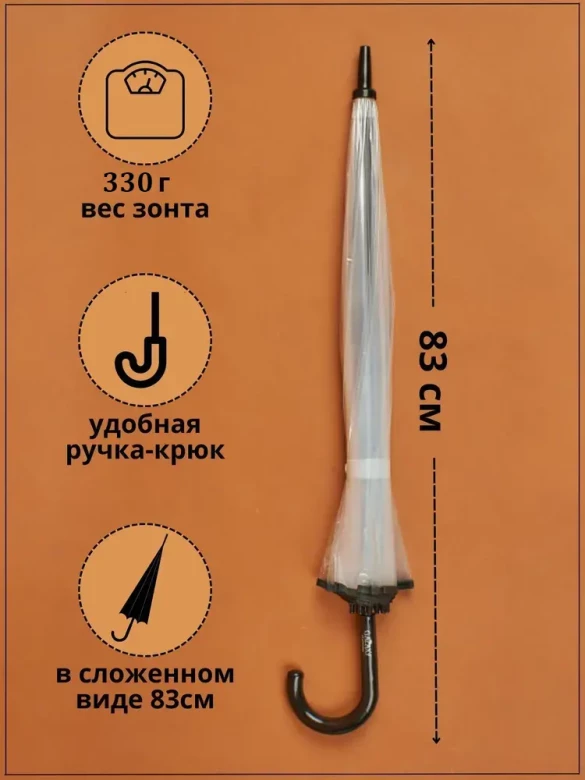 Зонт-трость прозрачный Raindrops 42800, чёрный кант, полуавтомат