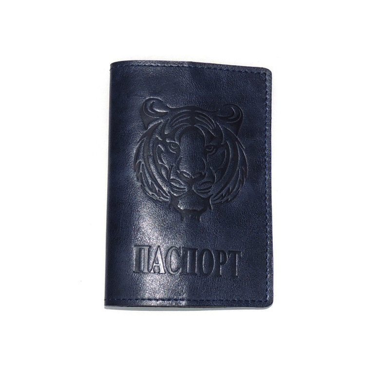 Обложка для паспорта кожаная Синий, Тигр